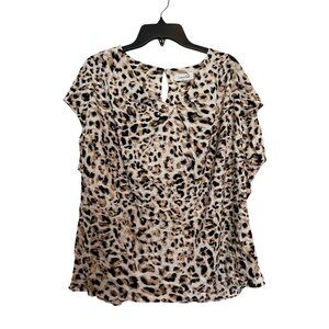 Calvin Klein Womens Leopard Print Blouse Size 1X Brown Black Beige